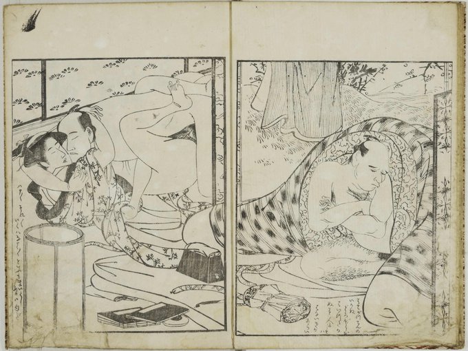 江戸中期(1780年前後)に活躍していた浮世絵師、"勝川春潮"の「艶本千夜多女志」見てたんだけどネトラレ物あるじゃん😂 