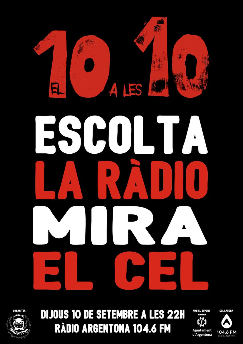 El dia 10 a les 10 posa la ràdio 📻 i mira el cel🌌! 

Què has de fer? 
El 10 de setembre, quan s'apropin les 10 el vespre engega la ràdio i sintonitza Ràdio Argentona (104.6FM) 📻
A les 22:00h mira el cel i escolta la ràdio! 🎇

#el10ales10 #diablesdargentona #acte10s #argentona