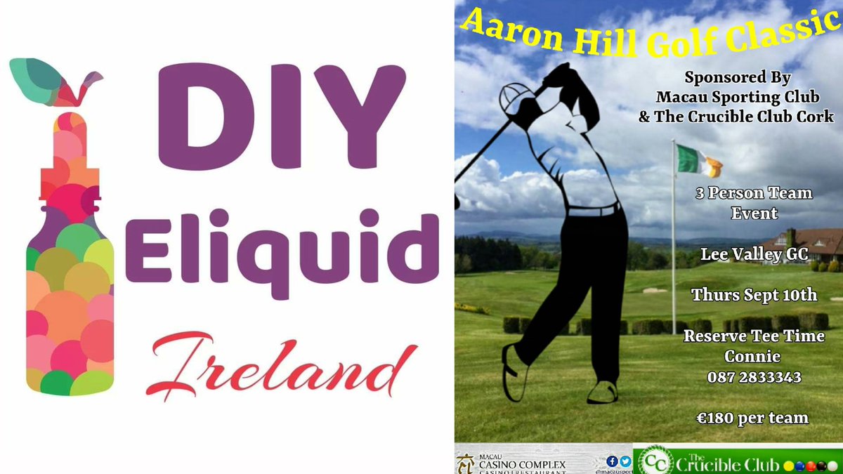TheCueClub147's tweet photo. Delighted to welcome DIY Eliquid Ireland  as a tee-box sponsor of the @AaronHill147  Golf Classic Fundraiser ⛳ 

Based in Cork, DIY Eliquid Ireland is an online one stop vape shop for DIY Eliquid and Vaping needs.

Next day nationwide delivery available

https://t.co/7bJNp72xMk https://t.co/bEaKk8MutI