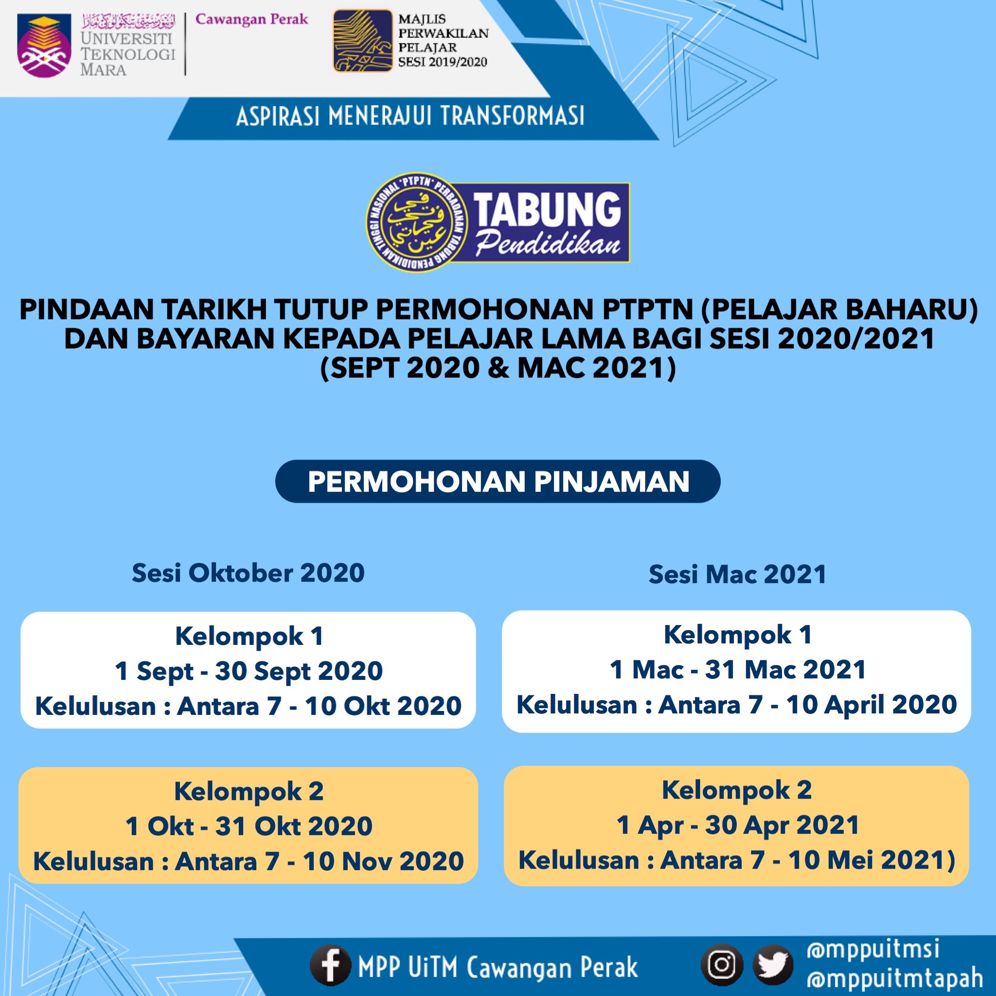 Mpp Uitm Cawangan Perak On Twitter Pindaan Tarikh Tutup Permohonan Ptptn Pelajar Baharu Amp Bayaran Kepada Pelajar Lama Bagi Sesi 2020 2021 Sept 2020 Amp Mac 2021 Uitmdihatiku Kitauitm Aspirasimenerajuitransformasi Uitmperak