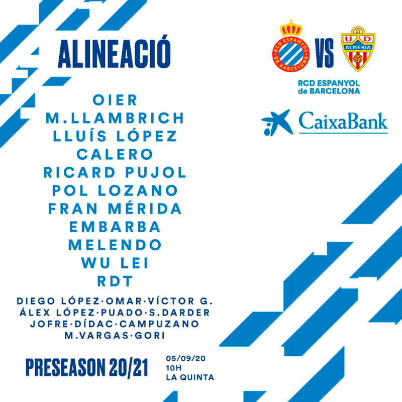 Aquest és l'onze que planta VM davant de l'Almería, amb l'estrena d'RDT aquesta pretemporada com a nota destacada. Què et sembla la seva tria? #RCDE bit.ly/2Z6uIgs