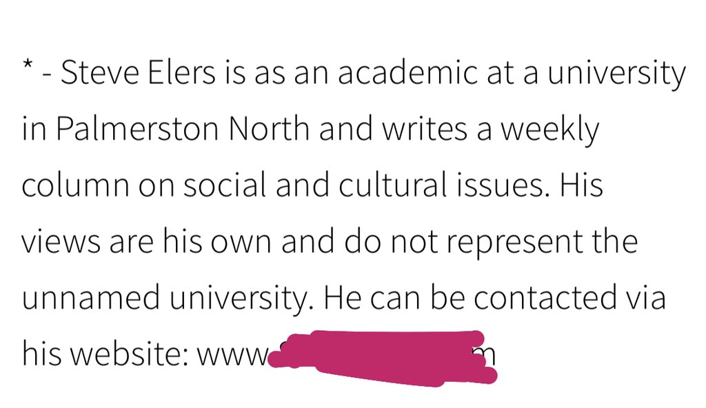 thread 5/5: finally the piece includes a disclaimer from his “unnamed” employer distancing themselves from his views.cowards,  @MasseyUni and idiocy for the herald and its army of newspapers printing itvote  @NZGreens on this issue. gay conversation therapy is fucked.