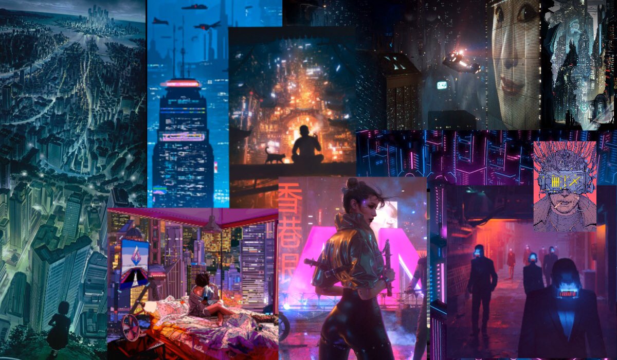 Exploring aesthetics: Cyberpunk.Hyperbolic urbanism. City upon city, more city than you can imagine, extending in all dimensions, physical and virtual.