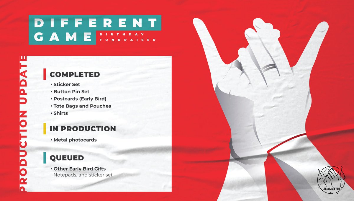 TeamJackyPH's tweet image. [Production Update ✂]

The #DifferentGame merch are complete and we're only waiting for some Early Bird gifts then we can start packing!

Pretty please be a little more patient until we ship out the bundles 🙏

You may reach us through DM or email for any questions and concerns