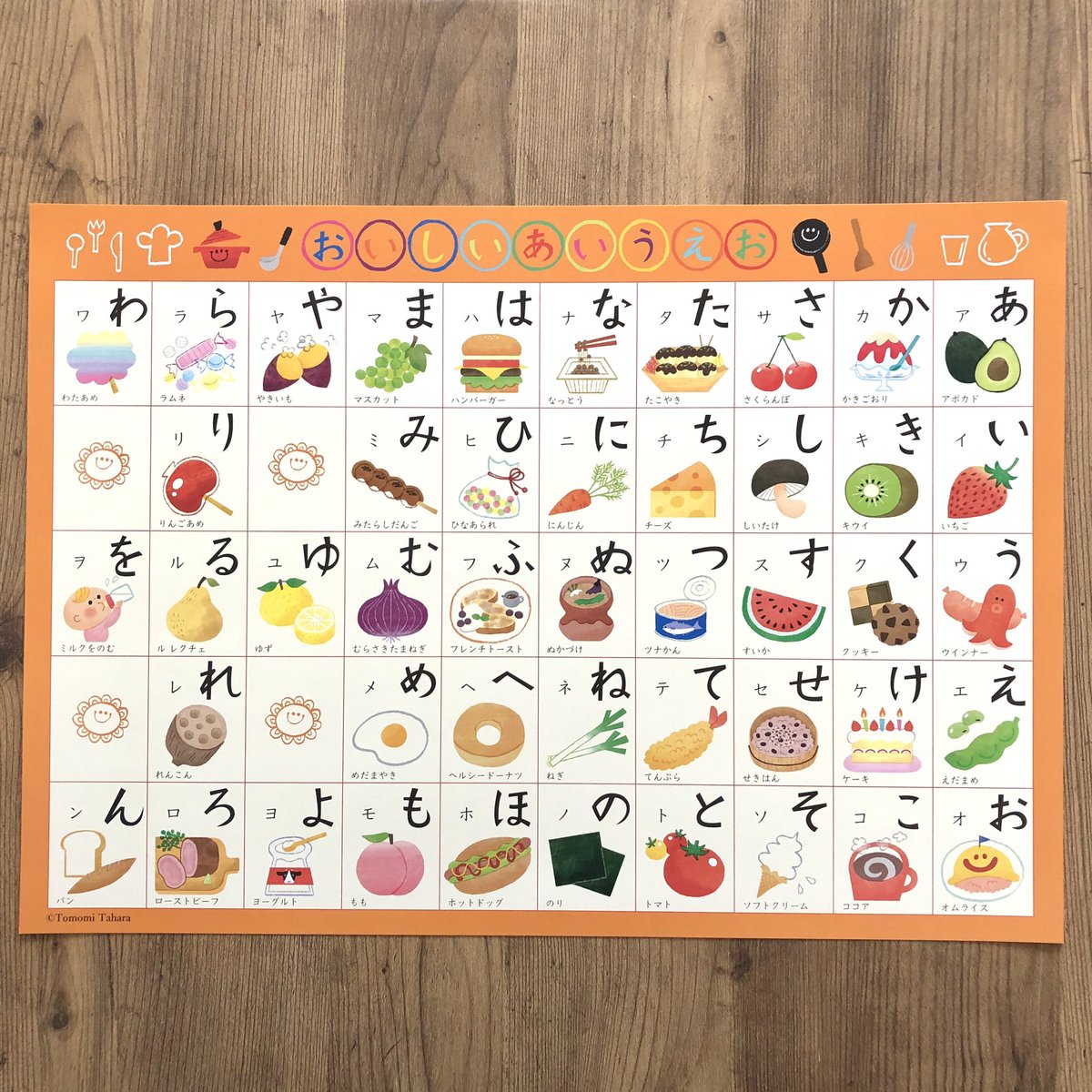 たはらともみ イラスト えほん ひらがな表 おいしいあいうえお ちょっとレトロな感じです