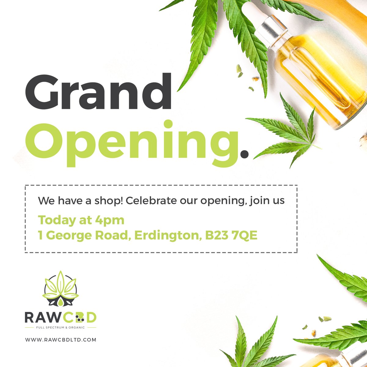 rawcbd's tweet photo. ⁣Today is the day! We're super excited to be opening our new RAW CBD shop 🌿 ⠀
⠀
Come and join us today at 4pm to browse our selection of products and meet the team behind RAW CBD.⠀
⠀
Address:⠀
1 George Road, Erdington, B23 7QE

https://t.co/T7jeCd8lHH
#cbduk #cbdbirmingham https://t.co/rHLiGDkIYU