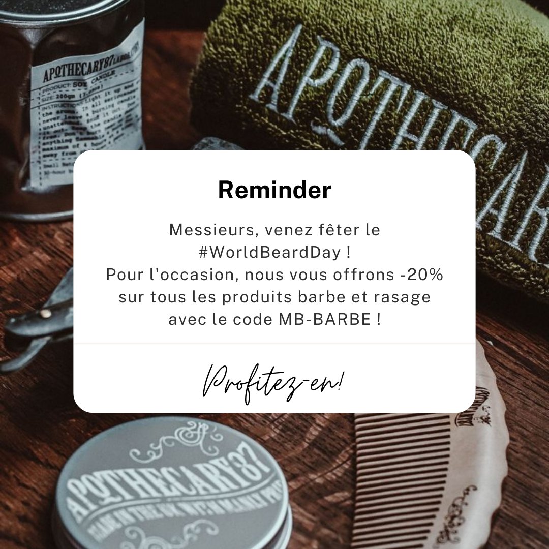 ComptoirdelHomm's tweet photo. Votre barbe est au centre de l'attention aujourd'hui ! 😄

A l'occasion de la #WorldBeardDay, on vous a préparé une offre inédite, -20% sur TOUS les produits rasage, valable jusqu'à lundi sur https://t.co/5yw4ZkymZD !

#JournéeMondialeDeLaBarbe https://t.co/zu3SV3qBj6