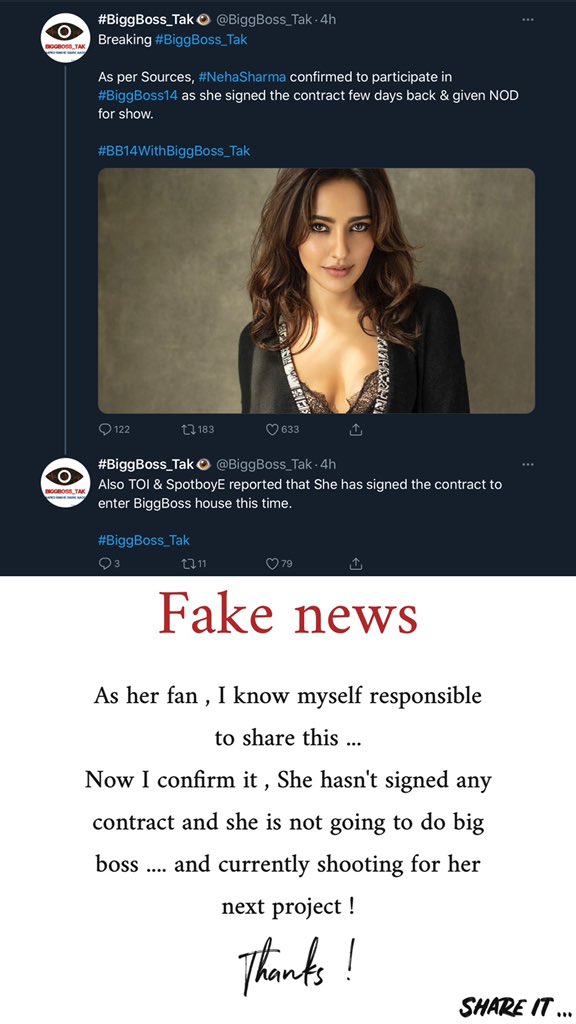 _nehasharmafan_'s tweet photo. @BiggBoss_Tak Hi ! I know about Neha more than you do ... pls don’t spread fake news thanks 🙏🏻 https://t.co/V4OkboYQTT