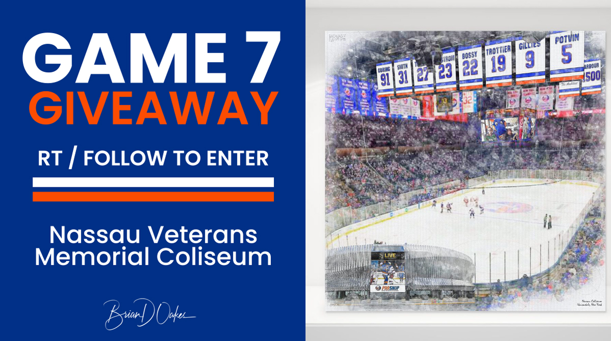 briandoakes's tweet photo. RT / Follow before puck drop for my #Isles Game 7 #Giveaway, as this may be the last one. If the @Islanders win the series tonight 🙏🏼 I will give 1 fan an 8 x 8 print of my Nassau Coliseum design. @IslesMeetups @NYIslesNation @IslesBlog @FanaticsArmy @IslesWhiteSUV https://t.co/zfnMBMF6lz