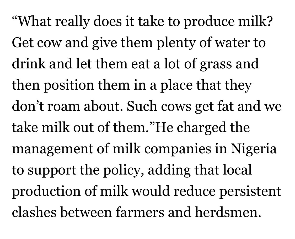 One of the best recent examples of this mentality was this comment from Meffy last year ( https://guardian.ng/news/why-we-must-restrict-importation-of-milk-by-cbn/) This is the oil mentality at work - Nigeria only got in the oil chain at the *end* so thinks everything is like that