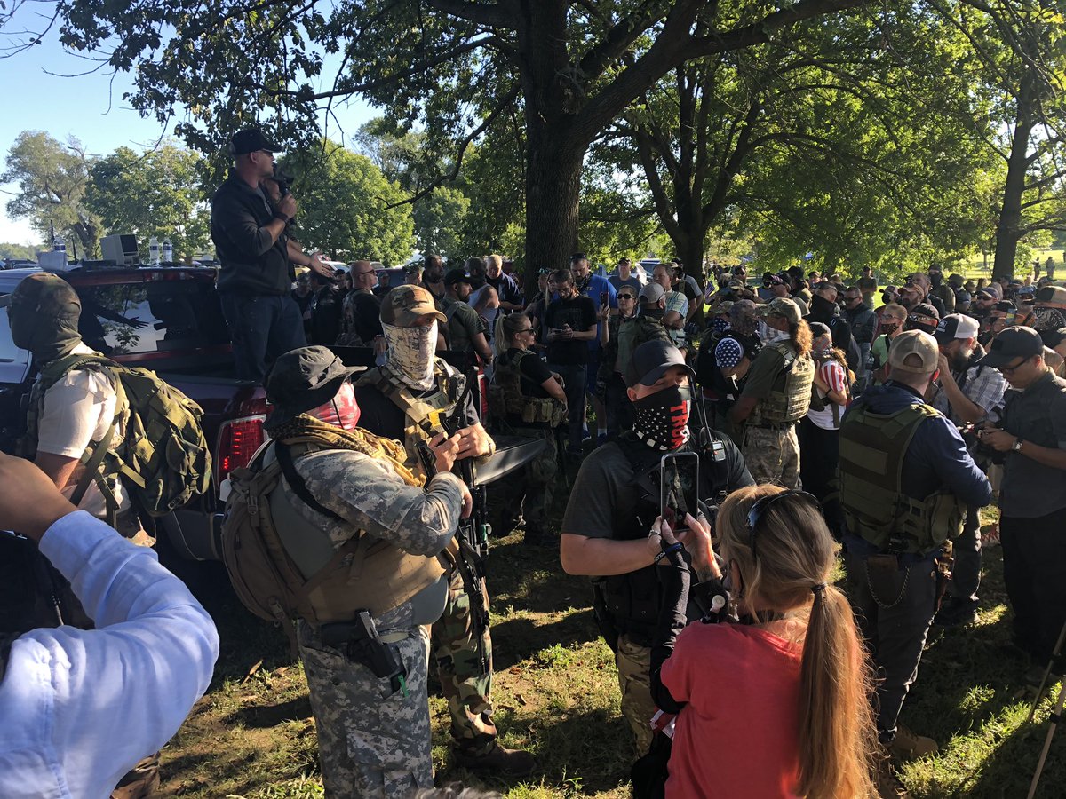 400 or so militia activists led by “Angry Viking” here at Cox Park, Louisville.About to livestream.