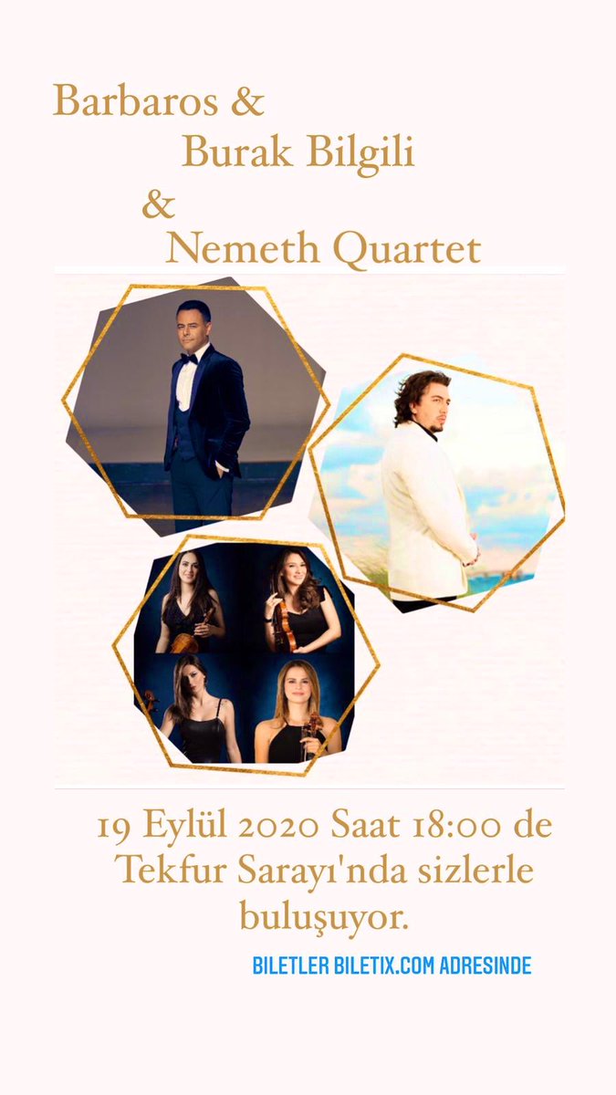 NemethQuartet's tweet photo. 19 Eylül, 18:00 da sevgili Burak ve Barbaros ile Tekfur Sarayı’nda olacağız. Bekliyoruz🎶
Biletler için https://t.co/jfh2fMqPK6
@nemethquartet @seniz_aybulus @pinarbasalak @mutlu.aa @burakbilgilii @barbarosb #nemethquartet https://t.co/yYiKdLu6Nf