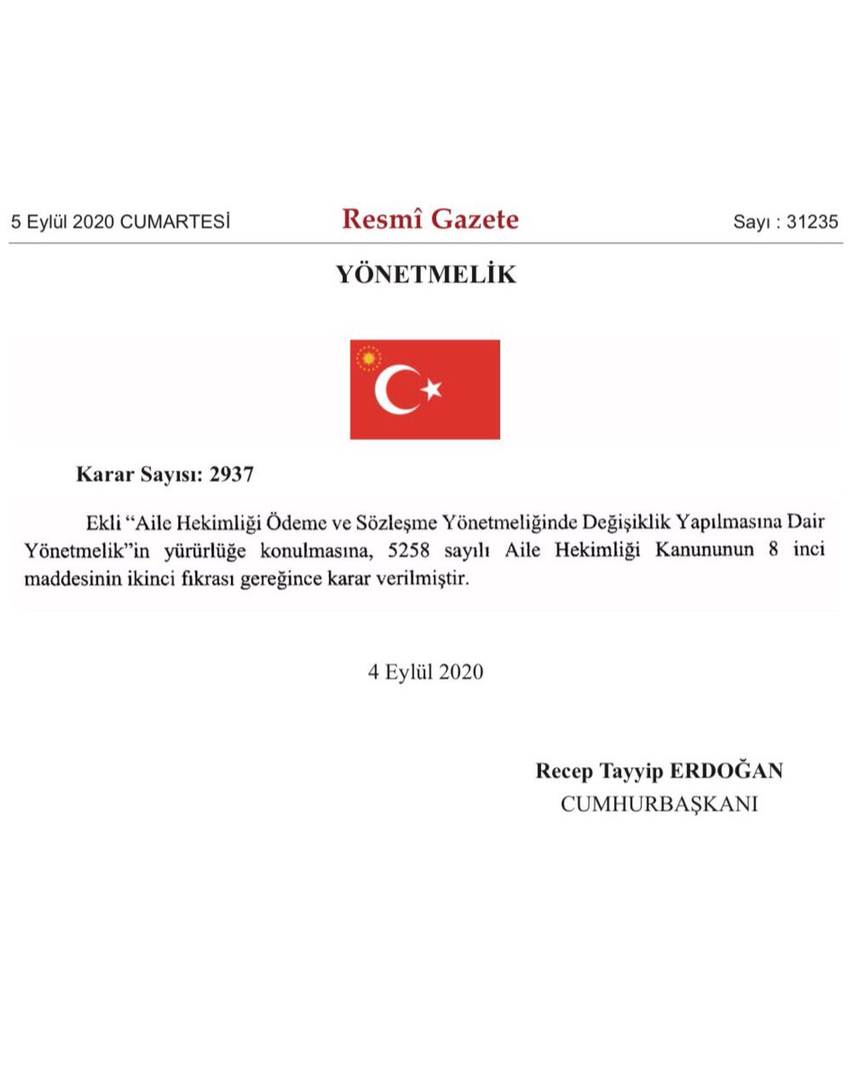 Bugün tarihli Resmi Gazete’de yayınlanan karara göre; “3 ayı geçmemek üzere, sözleşmeli aile hekimlerine net aylık 3.000-TL’yi, aile sağlığı çalışanlarına net aylık 850-TL’yi geçmemek üzere ilave ödeme yapılması” kararlaştırılmıştır.