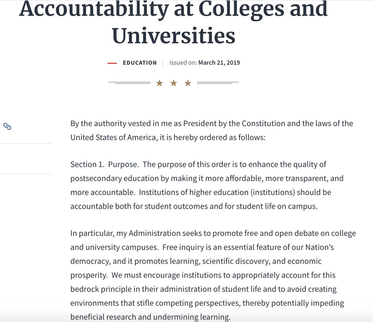 On March 2019, Trump issued another executive order to protect dangerous extremists seeking to exploit college campuses to recruit students and spread bigotry. Their visits were divisive and inciteful and sometimes led to cancellations to protect student safety.Ok for Trump.