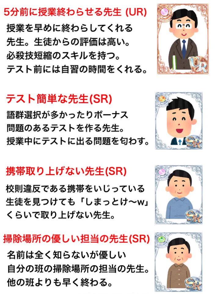 学校の先生ガチャ！当たりの先生はどのタイプかな？
