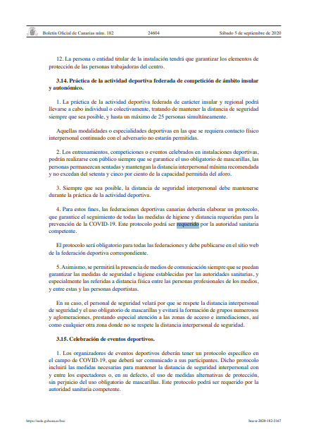 Deportecanario's tweet photo. Se publica en BOC Resolución d actualización d determinadas medidas d prevención establecidas mediante Acuerdo Gobierno de 19 de junio de 2020, una vez superada la Fase III del Plan para la transición hacia una nueva normalidad

Lo relativo a la actividad deportiva: páginas 24-27 https://t.co/eQ2WLmWmf4