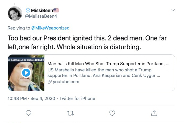 This is the FIRST RESPONSE to the screen grab of Reinoehl lying in wait to commit first-degree murder.A sectarian assassination.