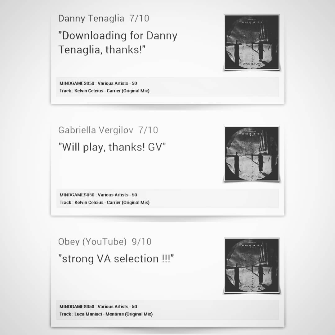mindgamesrec's tweet photo. Some selected feedback about our latest VA release, '50'.
#techno #technomusic #undergroundtechno

#747 #abstractdivision #fragmentor #dannytenaglia #gabriellavergilov #obey #noemiblack #paulatemple #slamdjs https://t.co/Ai1nAmSQe8