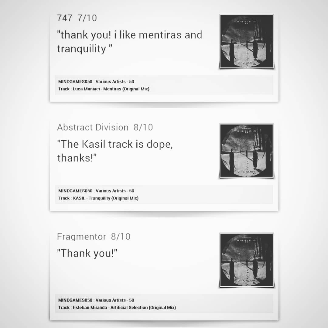 mindgamesrec's tweet photo. Some selected feedback about our latest VA release, '50'.
#techno #technomusic #undergroundtechno

#747 #abstractdivision #fragmentor #dannytenaglia #gabriellavergilov #obey #noemiblack #paulatemple #slamdjs https://t.co/Ky63eBPpdL