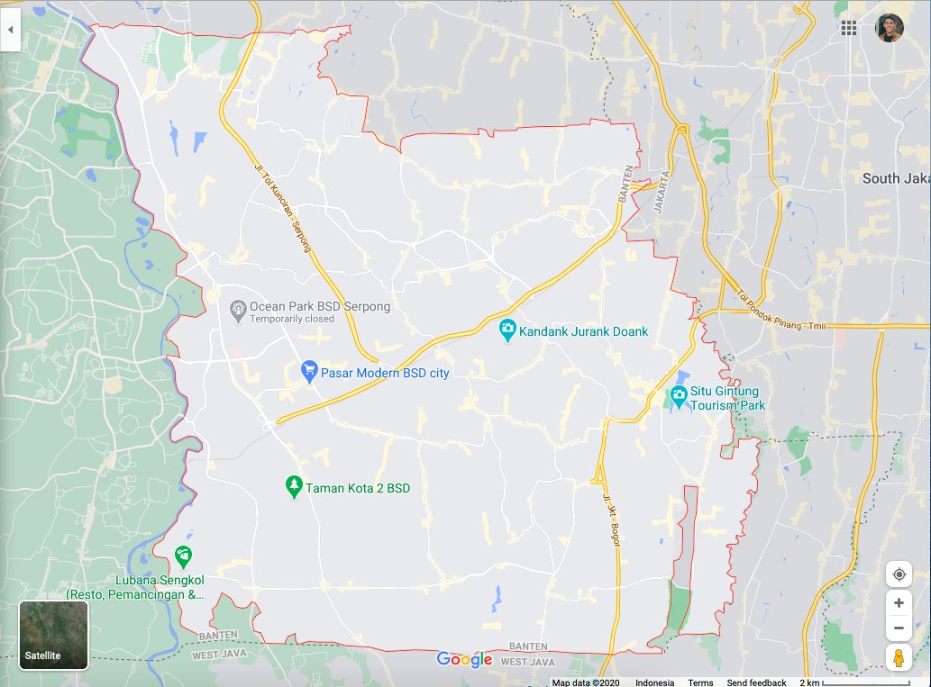 qronoz's tweet photo. Tangsel lagi mau pilkada. Jadi inget kalo sebagian Tangsel itu ada BSD City dan Alam Sutera yang penataan sampe maintenance keliatannya lebih banyak perannya developer ya? CMIIW ya. Iseng-iseng nyobain bikin overlay 2 area itu ke peta Tangsel, ternyata hampir 1/3-nya kotamadya 🤔 https://t.co/8ioulcuKUB