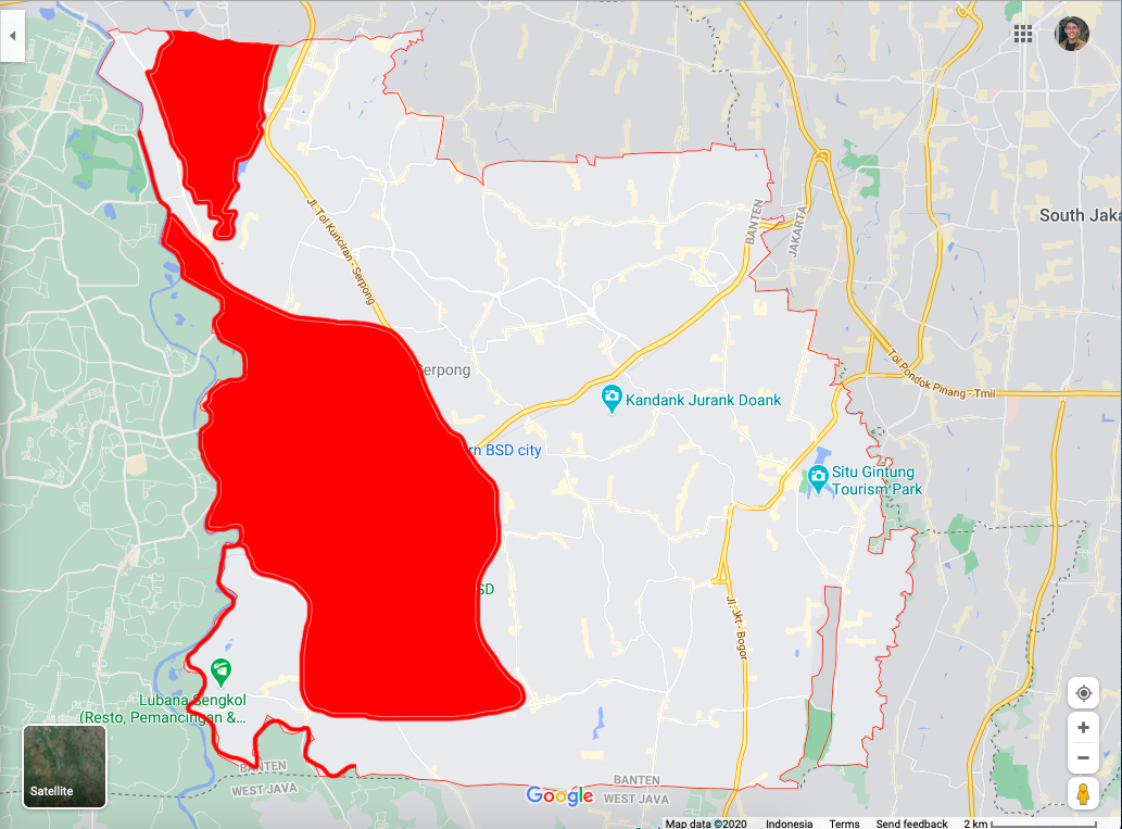 qronoz's tweet photo. Tangsel lagi mau pilkada. Jadi inget kalo sebagian Tangsel itu ada BSD City dan Alam Sutera yang penataan sampe maintenance keliatannya lebih banyak perannya developer ya? CMIIW ya. Iseng-iseng nyobain bikin overlay 2 area itu ke peta Tangsel, ternyata hampir 1/3-nya kotamadya 🤔 https://t.co/8ioulcuKUB