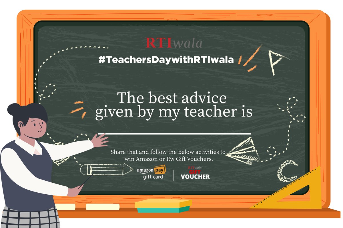 RTIwala's tweet photo. Time to thank your Teacher on this #TeachersDay and #Win Rw or #Amazon #GiftVouchers.
 To win #TeachersDaywithRTIwala #Contest:
1. Like, RT &amp; Tag your 4+ friends or classmates.
2. Reply best advice from the Teacher at our Fb page.
3. And visit https://t.co/gDfChmA3BF  to enter. https://t.co/HRq1A7JFij