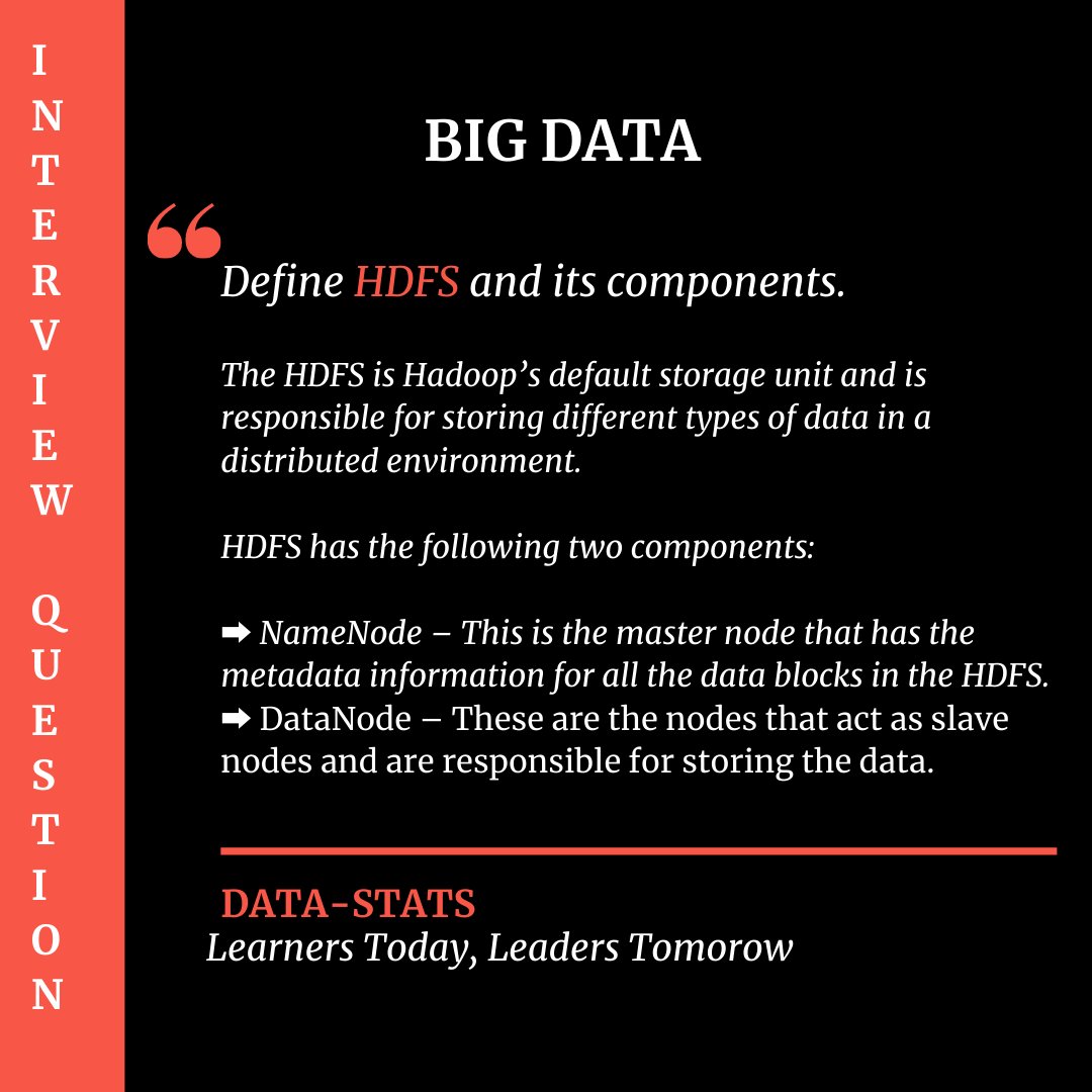 Datastats5's tweet photo. The Hadoop Distributed File System (HDFS) is a distributed file system designed to run on commodity hardware.
Visit us at: https://t.co/8URBASZgpF

#Bigdata #deeplearning #dataStats #workfromhome #100daysofcode #machinelearning #bigdataanalytics #bigdatahadoop #bigdatatraining https://t.co/HoNt2cbUxn