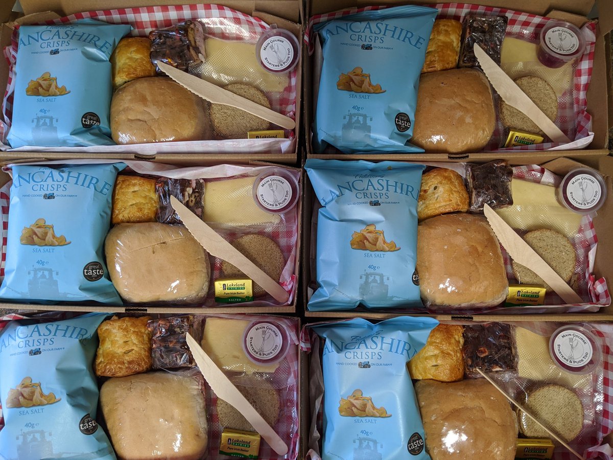 The new look shoot lunch in a box! <a href="/fiddlerscrisps/">Lancashire Crisps</a> <a href="/GrannySingleton/">Grandma Singletons</a> tasty Lancashire, a ham bun, homemade sausage roll and rocky road.