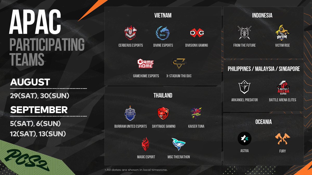 PUBGEsports's tweet photo. We've got a super pro cast of teams competing in #PCS2 APAC Week 2. Here's the line up. Let's see who's going to answer the call and show the rest what's up.

Twitch: https://t.co/2crVimBXx2 
YouTube: https://t.co/5Pmkr989YG 
TikTok: https://t.co/Or24T2409j 
#PUBGesports https://t.co/hsZlNUP5t0