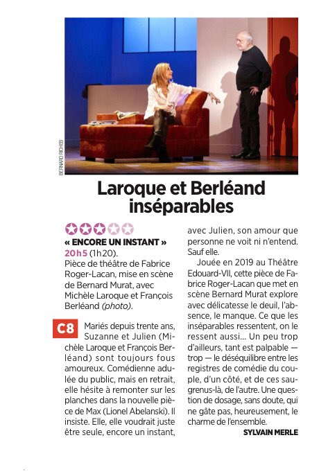VGrandclaude's tweet photo. 🚨Ce soir à 21h05 sur @C8TV @MicheleLaroque et François Berléand dans une comédie émouvante #EncoreUnInstant enregistrée au @TheatreEdouard7
⭐️⭐️⭐️by @LeParisien_Tele et @sylerm https://t.co/sr6oRfnkI6