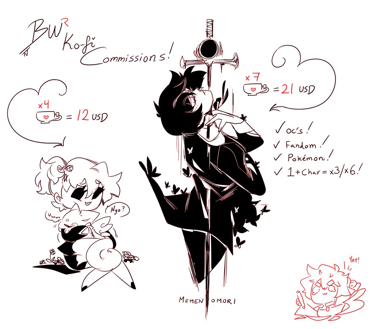 BW KO-FI COMMISSIONS ?OPEN!?
I've updated my ko-fi page to be more simple and clean, and now I've added BW chibies and BW doodles to the requests! Both regular chibies and BW's are open right now and I'll be working on them between bigger commissions! https://t.co/2aQUbZ1OQ4!