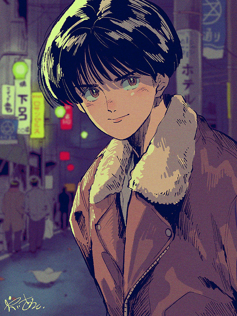 black hair solo short hair looking at viewer jacket upper body smile  illustration images