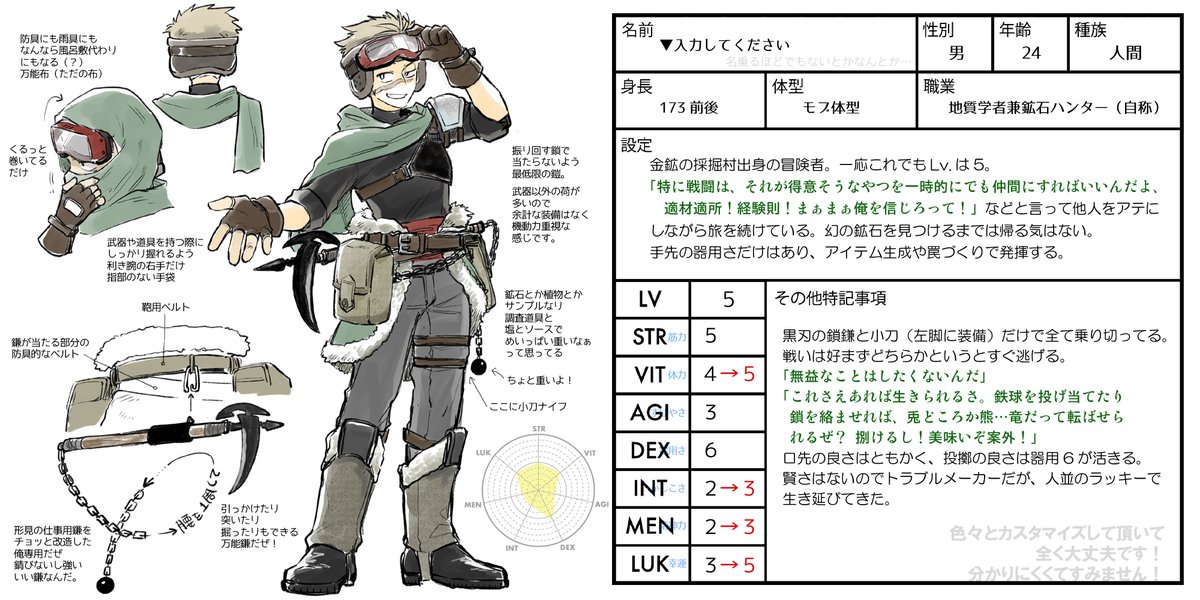 ぴよ ７ 入力してください 男 24歳 人間 地質学者兼鉱石ハンター イラスト Ambre002 デザイン Ko Da99 冒険者と武器