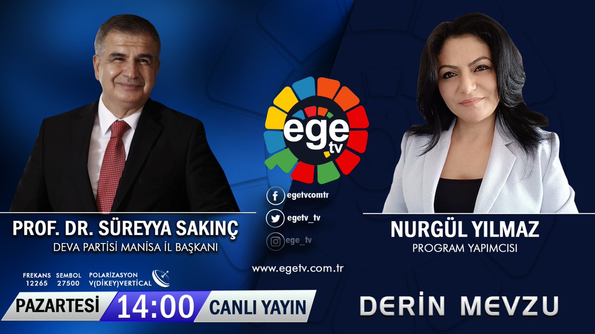 nurgulyilmaztv's tweet photo. 🎥 #CANLIYAYIN
📍MANİSA
📺 EGE TV ᴴᴰ
Nurgül Yılmaz ile Derin Mevzu
Program konuğu: Deva Partisi Manisa İl Başkanı Prof. Dr. Süreyya Sakınç
 @nurgulyilmaz45
@egetv_tv  @ademerdagiegetv @vekilerdagi @58_bolge 
@alibabacan @sureyya45 @UKraloglu @devapartisi @DevaBiziz @sanemoktar https://t.co/MpFW120kMT