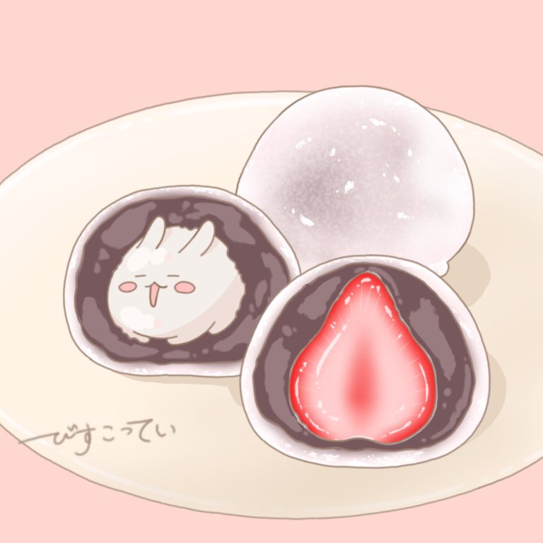 いちご大福のいちごのつもりの まるまるつるっとしたうさぎ イラスト オリジ びすこってい Skeb募集中のイラスト