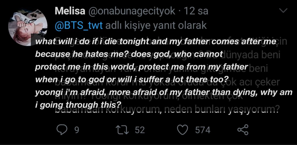 today, a 15-year-old young girl committed suicide by squeezing her in the head because of the violence her father inflicted on her. the girl who told about her fears under yoongi's tweets is not among us today. rest in peace. #Melisa
