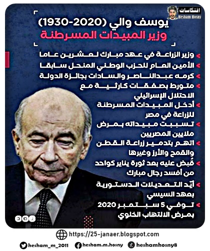 زرع السرطان في أجساد المصريين.. تعرف على مسيرة  يوسف والي وزير الزراعة الذي استمر في منصبه 20 عاما في عهد مبارك، عقد خلالها أسوأ صفقات كارثية في تاريخ البلاد