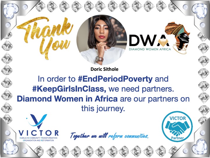 rabisonshumba's tweet photo. With the support we get from our partners, we are able to do much more. Big thank you to @DoricSit of Diamond Women Africa for coming onboard. From all of us at Victor Foundation we say, thank you. #EndPeriodPoverty #KeepGirlsInClass https://t.co/h9bIaeYPJI