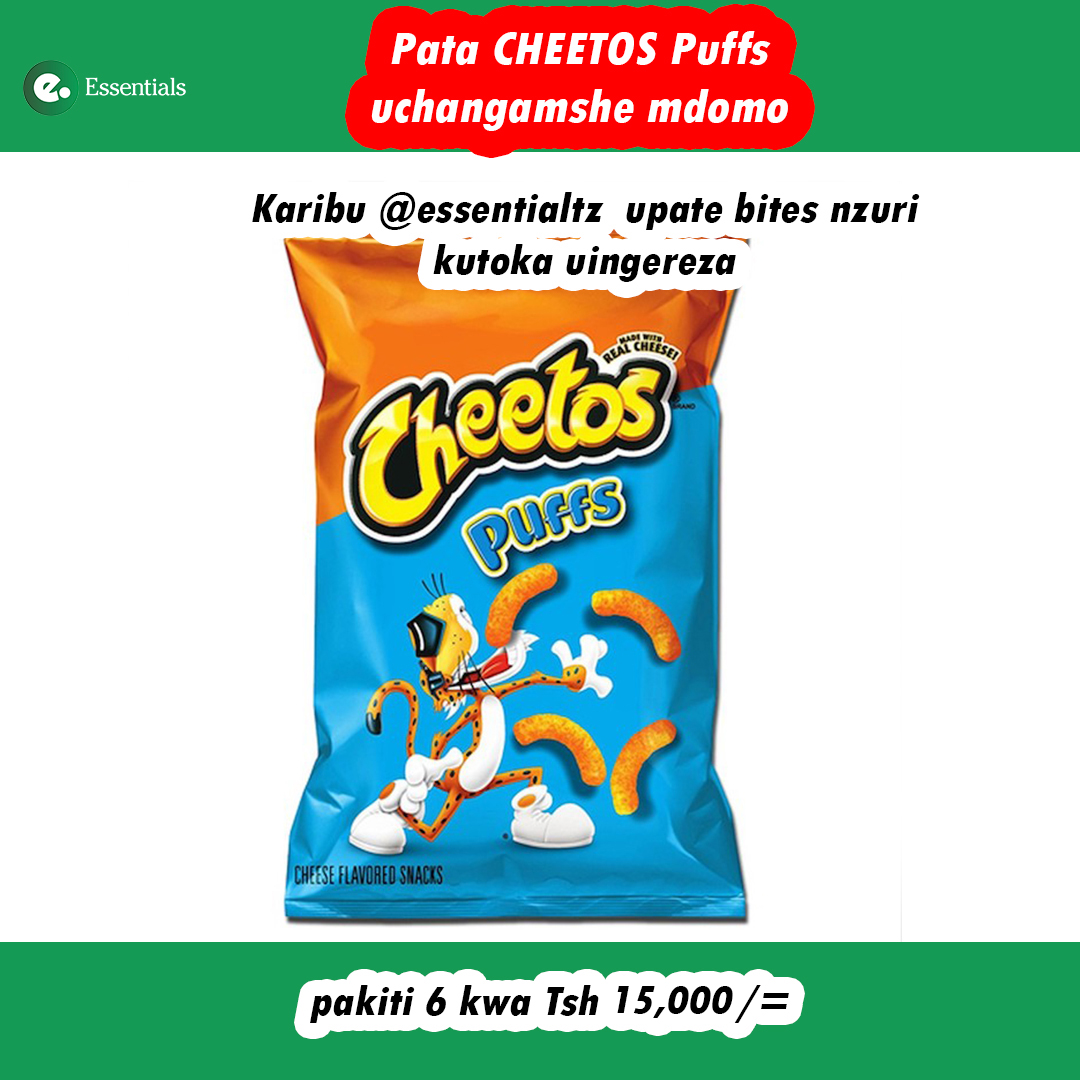 EssentialsTz's tweet photo. CHEETOS PUFF SNACKS; are you at the office, school, hospital or any where and you are hungry you want to have something to eat, press your order with us we have all snacks

BIDHAA ZETU ZINAPATIKA KWA WINGI
ZINAPATIKA KWA BEI YA JUMLA
TUPO POSTA MTAA WA ZANAKI https://t.co/7OdqO7Gafm