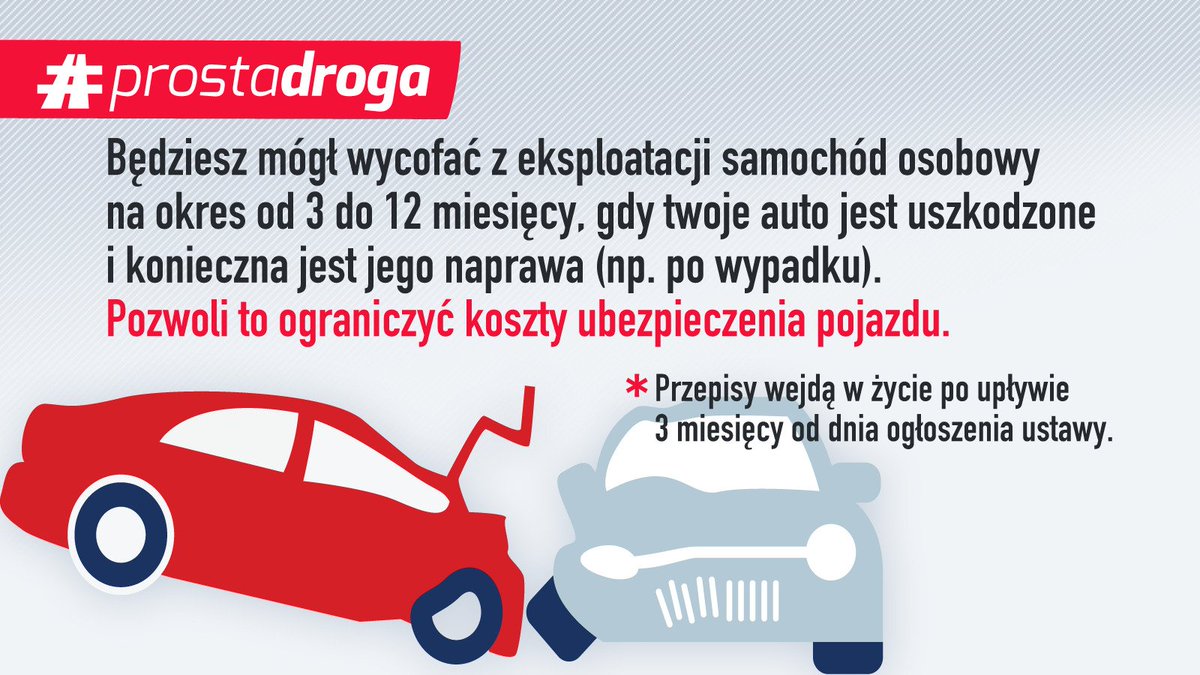 PremierRP's tweet photo. 🚘 Będziesz mógł wycofać z eksploatacji samochód osobowy na okres od 3 do 12 miesięcy, gdy Twoje auto jest uszkodzone i konieczna jest jego naprawa. #ProstaDroga https://t.co/QNHI3oy6Mk