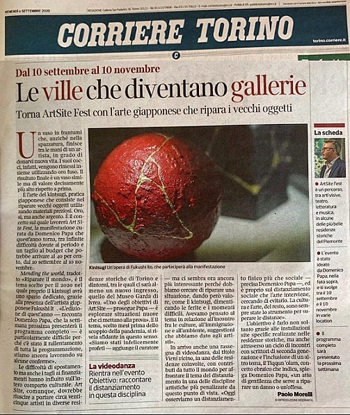 eventiphanes's tweet photo. #Mendingtheworld | Oggi sul Corriere Torino si parla della nuova edizione di #ArtSiteFest a cura di Domenico Maria Papa. Grazie a @uncronista! #staytuned #ArtSiteFes2020
In foto: #Kintsugi | Fukushi Ito
#ArtSiteFest #contemporaryart #sitespecific https://t.co/LTvKJpJAu3