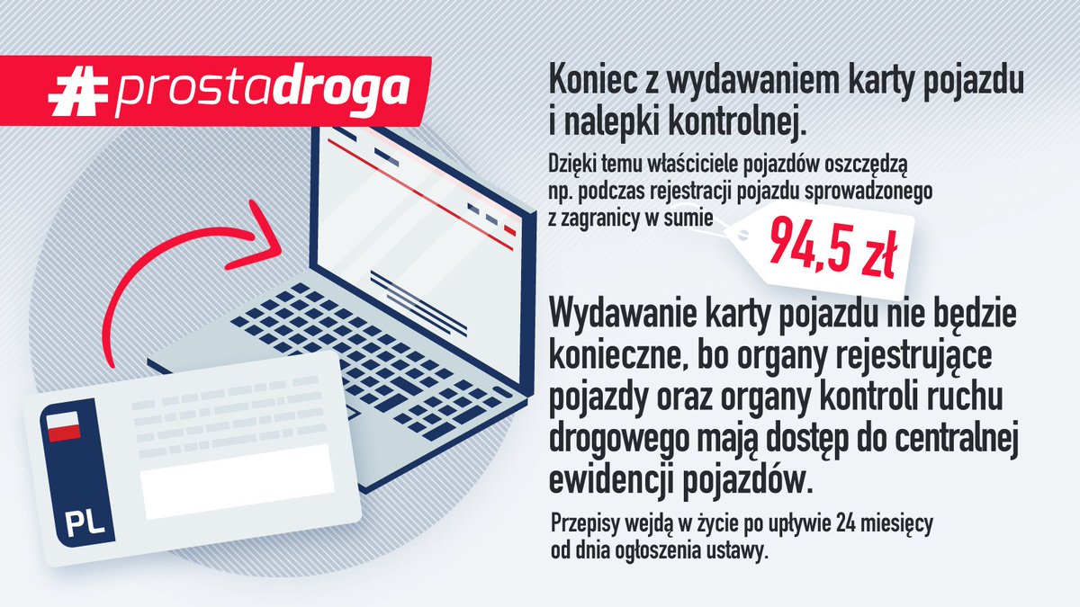 PremierRP's tweet photo. 🚘 Koniec z wydawaniem karty pojazdu i nalepki kontrolnej. #ProstaDroga https://t.co/Qmm6lq4sZ8