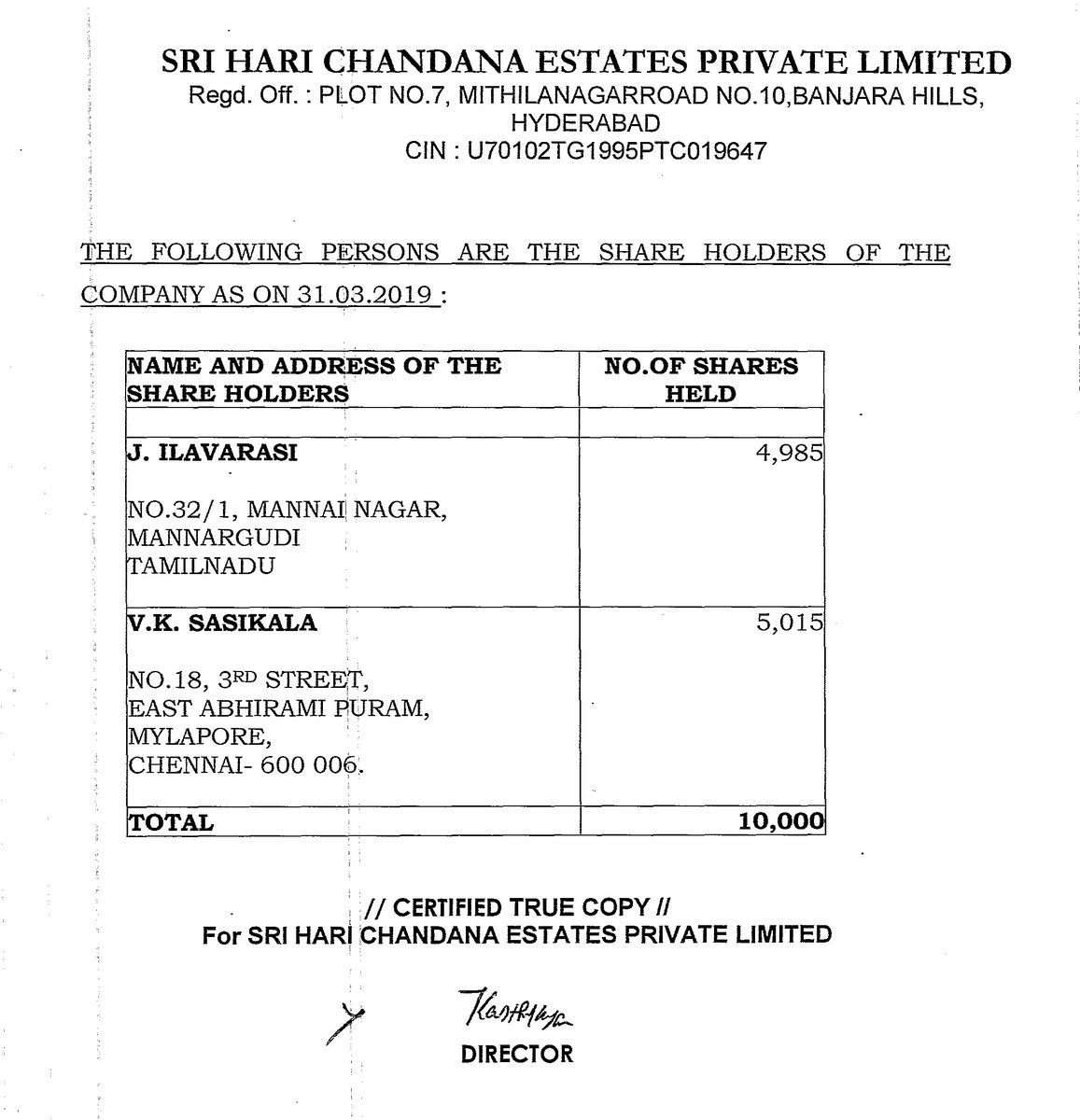 Property is in name of Harichandana estates. The directors karthikeyan & sivakumar, a relative of Sasikala who r also directors of many other benami firms like MIDAS distilleries & JAZZ cinemas. But d shareholding clearly shows that d firm is owned by Sasikala & Illavarasi
