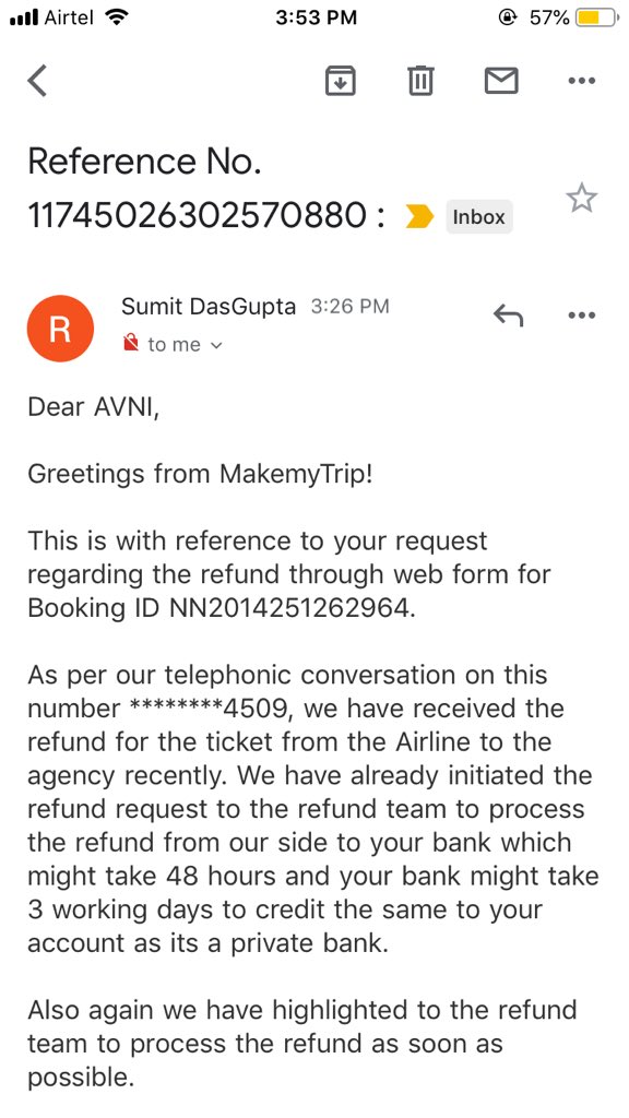 avnigarg19's tweet photo. @makemytripcare Yes as per the telephonic conversation,the refund has been received by the agency and the same would be processed to my account within 48 working hours. I have received the mail also. Although in the email, there is a paragraph which is confusing. https://t.co/Of0PA3CE4i