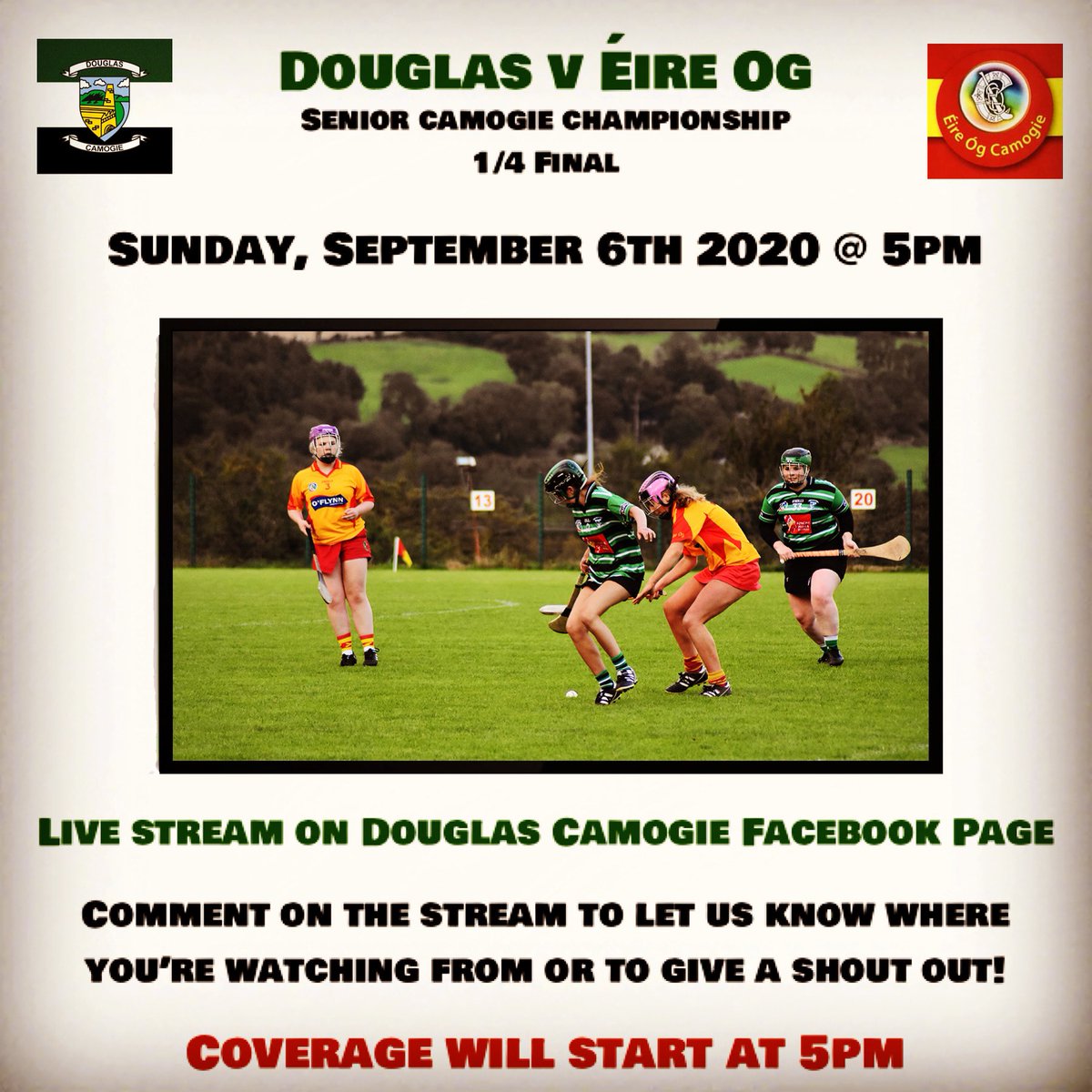 DCamogie's tweet photo. Senior Camogie Championship 1/4 Final
Delighted to let you know that tomorrows quarter final clash between Douglas v Éire Og in Castle Road will be live streamed on Douglas Camogie’s Facebook Page starting at 5pm!
🟩⬜️⬛️ https://t.co/zSOL0Jy7eL