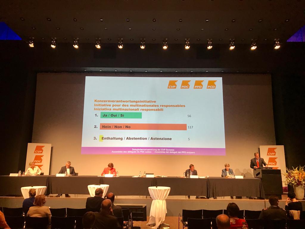 Mitte_Centre's tweet photo. Les délégué-e-s du #PDCSuisse #ADPDC rejettent par 117 voix contre 56 et 5 abstentions l’initiative populaire pour des multinationales responsables soumise au vote populaire le #29nov #CHVote. https://t.co/kFYmeRZAd8