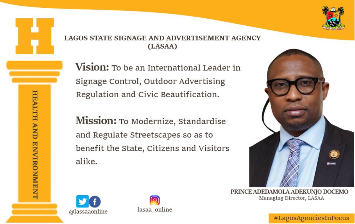 followlasg's tweet photo. Lagos MDAs in Focus 
Lagos State Signage and Advertisement Agency (LASAA)
@jidesanwoolu @lasaaonline @gbenga_omo
#LASG #ForAGreaterLagos https://t.co/Vr7TcJptiE