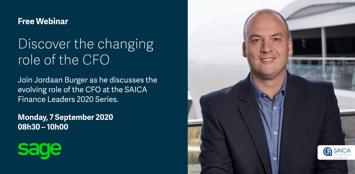 SageGroupZA's tweet photo. #FreeWebinar Discover the changing role of the CFO at this free Webinar at the SAICA Finance Leaders 2020 Series. Tune in to Jordaan Burger's presentation on the evolving role of the CFO.
Register here: https://t.co/weRSEHPvSL
#SageForCFOs #BreakThroughFinance @saica_ca_sa https://t.co/pXaJOjnOw0
