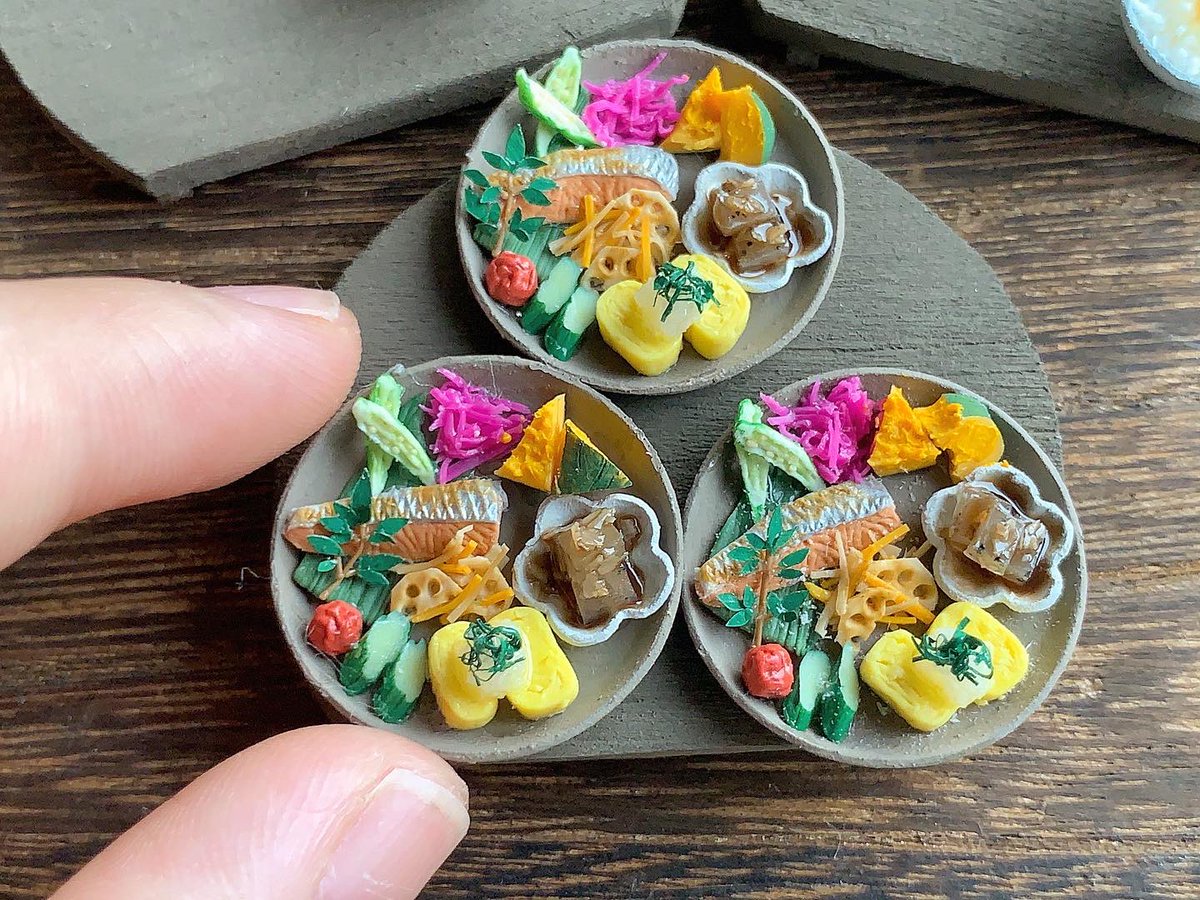 Mush Line 和食朝食 卵かけご飯となめこと豆腐の赤だし おかずのワンプレート ミニチュア ミニチュアフード ハンドメイド