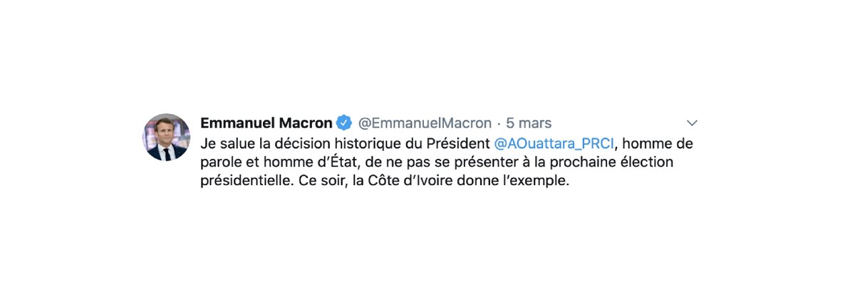 JLB_officiel's tweet photo. Le Président @AOuattara_PRCI parle de convergences de vue avec le Président Macron. No Comment de l’#Élysée... Ne confondrait-il pas désir et réalité ?
N'oublions pas le tweet d'@EmmanuelMacron en mars. Il avait salué l'annonce du Président de quitter le pouvoir après 2 mandats. https://t.co/8NDzQPaCOP